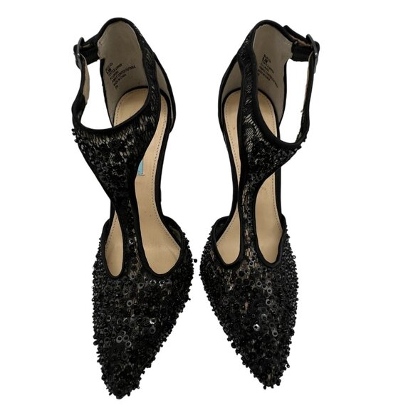 Betsy Johnson Womens Eliza Sequined D-orsay Pumps 6.5M Black T-Strap Pointed Toe - Picture 1 of 15